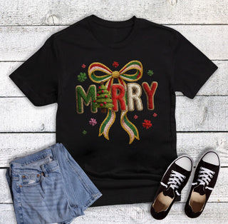 Rebel Rose Christmas Faux Embroidery Merry Graphic Tee Black