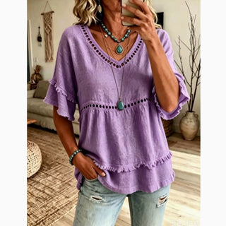 Boho Ruffle Sleeve V Neck Eyelet Trim Top Purple