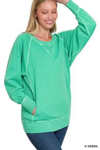 Zenana Pigment Dyed French Terry Pullover with Pockets Kelly Green