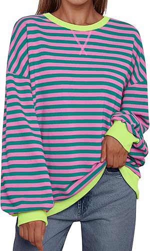 Lovesoft Color Contrast Crewneck Pink and Green Stripes