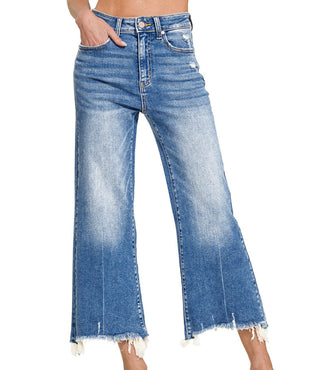 Zenana Mid Rise Straight Raw Hem Denim Pants 1639MM