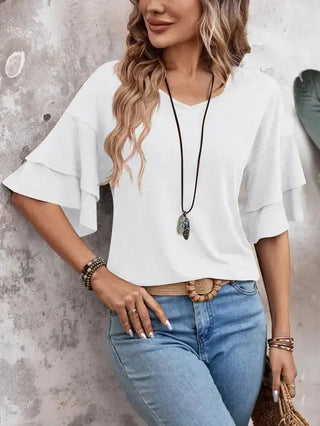 Ruffle Sleeve Casual Top White