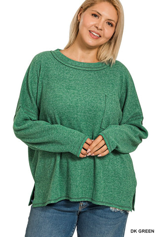 Zenana Ribbed Brushed Melange Hacci with Pocket Dk Green