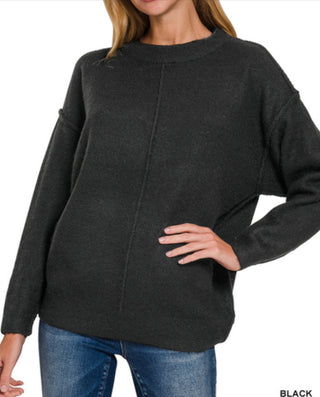 Zenana Melange Front Seam Round Neck Sweater Black