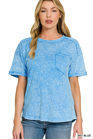 Zenana Halo Snow Washed Relaxed Fit Tee Sky Blue