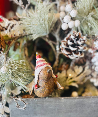 Wooden Bird with Striped Hat Ornament