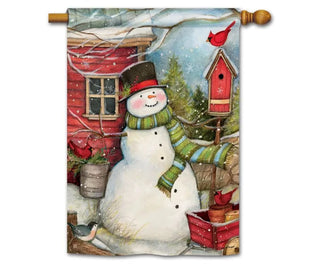 Red Barn Snowman Standard House Flag