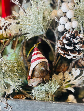 Wooden Bird with Striped Hat Ornament