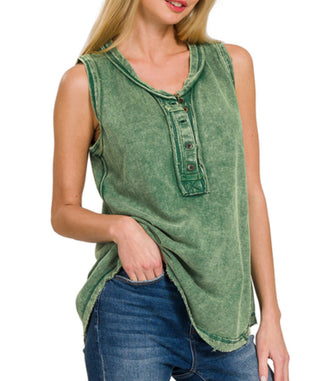 Zenana Washed Half-Button Sleeveless Henley Dark Green