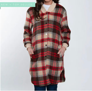Elsie & Zoey Arlo Long Shacket Plaid Cream