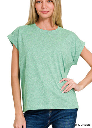 Zenana Folded Sleeve T-Shirt Heather Kelly Green