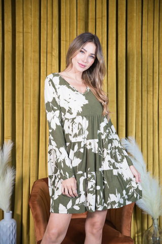 Sew in Love Floral Long Sleeve Floral Babydoll Dress Olive/Taupe
