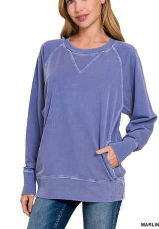 Zenana Pigment Dyed French Terry Pullover with Pockets Marlin