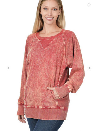 Zenana Acid Wash Pullover with Pockets Burgundy