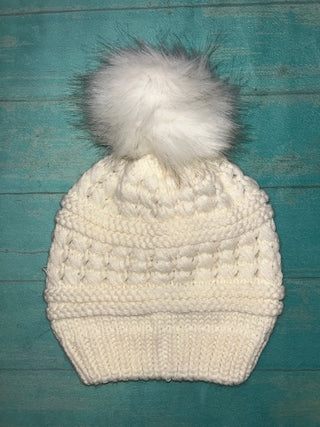 Mirabeau Chunky Cable Knit Hat with Pom Pom Ivory
