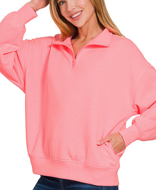 Zenana Scuba Half Zip Pullover with Pockets Bright Pink