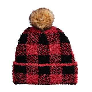 Mudpie Red & Black Buffalo Check Chenille Beanie