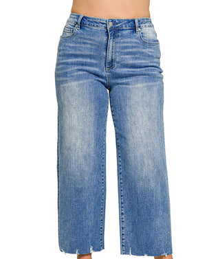 Zenana Medium Wash Wide Leg Raw Hem Cropped Denim 9526