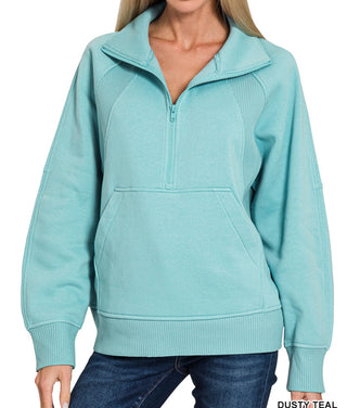 Zenana Half Zip Fleece Pullover W/ Kangaroo Pocket Dusty Teal
