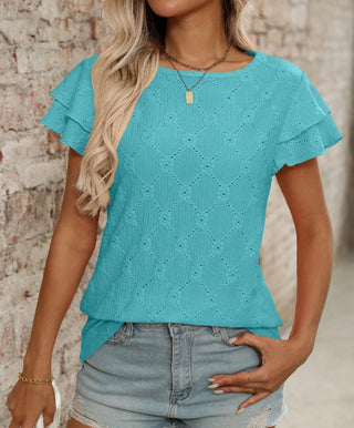 Lovesoft Eyelet Short Sleeve Ruffle Blouse Turquoise Green