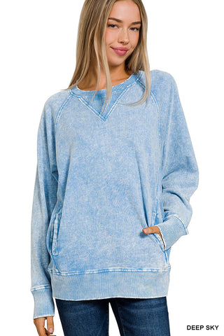 Zenana Acid Wash French Terry Pullover with Pockets Deep Sky