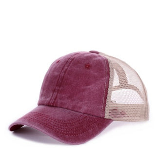 Zenana Vintage Wash Adjustable Mesh Cap Burgundy/Tan