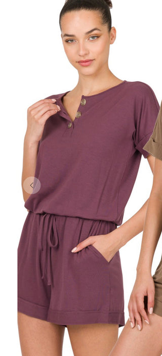 Zenana Romper with Pockets Eggplant Small