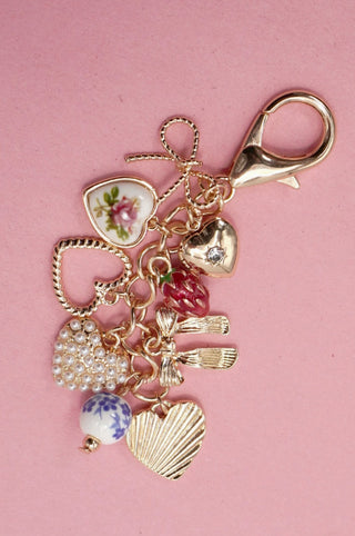 Josslyn Porcelain Bows Hearts Pearl Bag Charm Gold