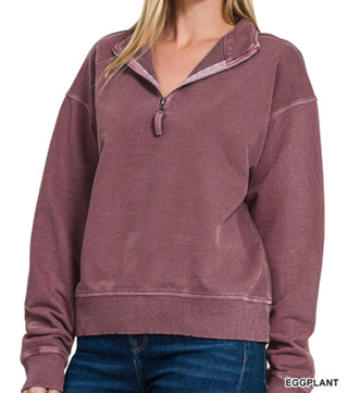 Zenana Pigment Dyed Enzyme Washed Half Zip Pullover Eggplant