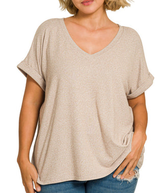 Zenana Soft Melange Hacci V-Neck Tee Ash Mocha