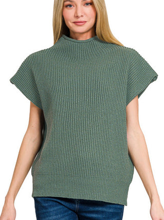 Zenana Power Shoulder Mock Neck Sweater Ash Jade