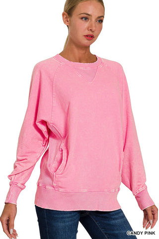 Zenana Acid Wash French Terry Pullover with Pockets Candy Pink