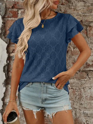Lovesoft Eyelet Short Sleeve Ruffle Blouse Dark Blue