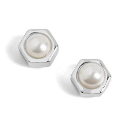 Whispers Silver Hexagon Pearl Stud Earrings WN004585