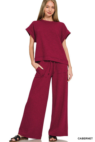 Zenana Cotton Slub Short Sleeve Tee & Long Pant Set Cabernet