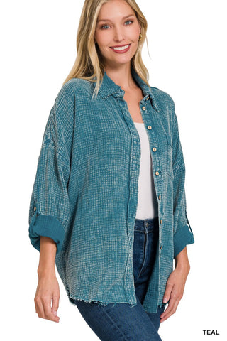 Zenana Washed Double Gauze Button Down Shirt Teal