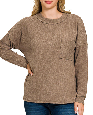 Zenana Ribbed Brushed Melange Hacci Sweater with Pocket Brown