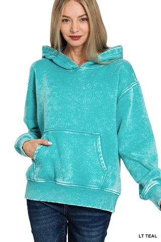 Zenana Fleece Acid Wash Kangaroo Pocket Hoodie Lt. Teal