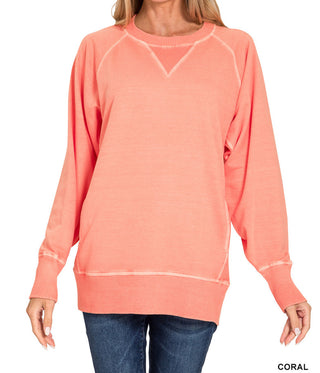 Zenana Pigment Dyed French Terry Pullover with Pockets Coral