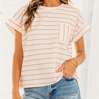 Sew In Love Short Sleeve Stripe Top Ivory Peach