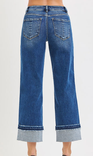 Risen Mid Rise Ankle Straight Jeans Cuffed Hem 21442