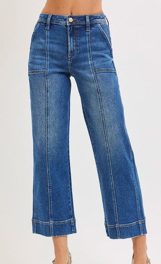 Risen HR Crop Straight Front Seam Detailed Jeans Dark Wash 21072