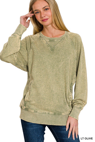 Zenana Acid Wash French Terry Pullover with Pockets Light Olive