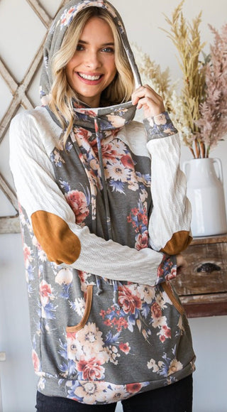 7th Ray Floral Terry Suede Elbow Patch Cable Knit Long Sleeve Small