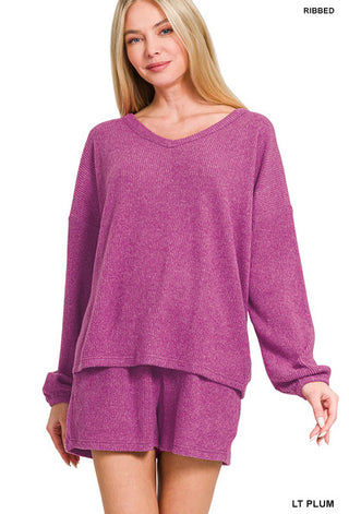 Zenana Ribbed Hacci V-Neck Long Sleeve Tee & Shorts Set Light Plum