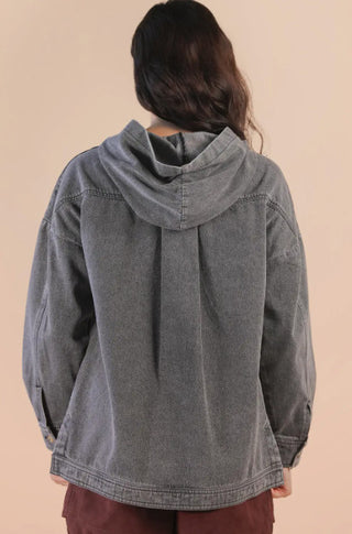 Very J Washed Demin Casual Hooded Pullover Top Black