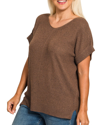 Zenana Center Seam Short Sleeve Sweater Brown