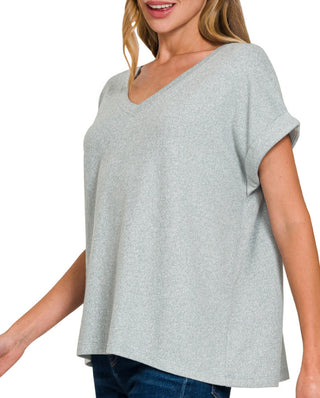 Zenana Soft Melange Hacci V-Neck Tee Blue Grey