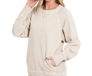 Zenana Pigment Dyed French Terry Pullover with Pockets Sand Beige