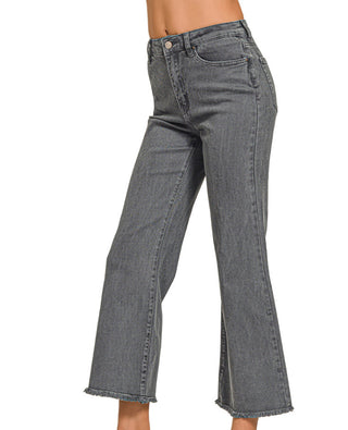 Zenana Acid Washed HW Frayed Hem Bootcut Ash Black 1847A